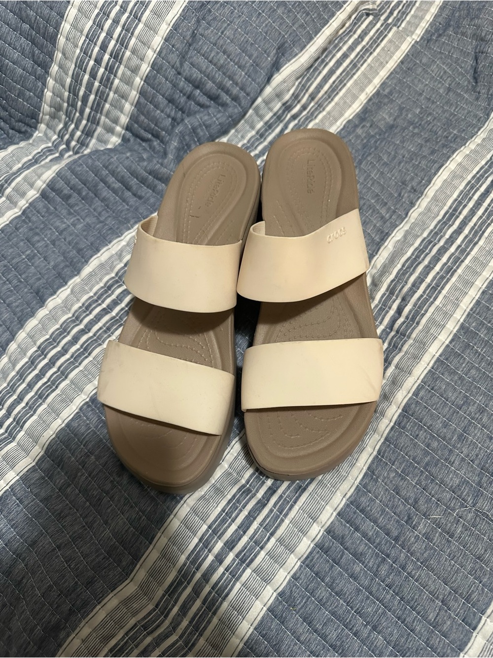 Double Strap Slide Sandals in Beige